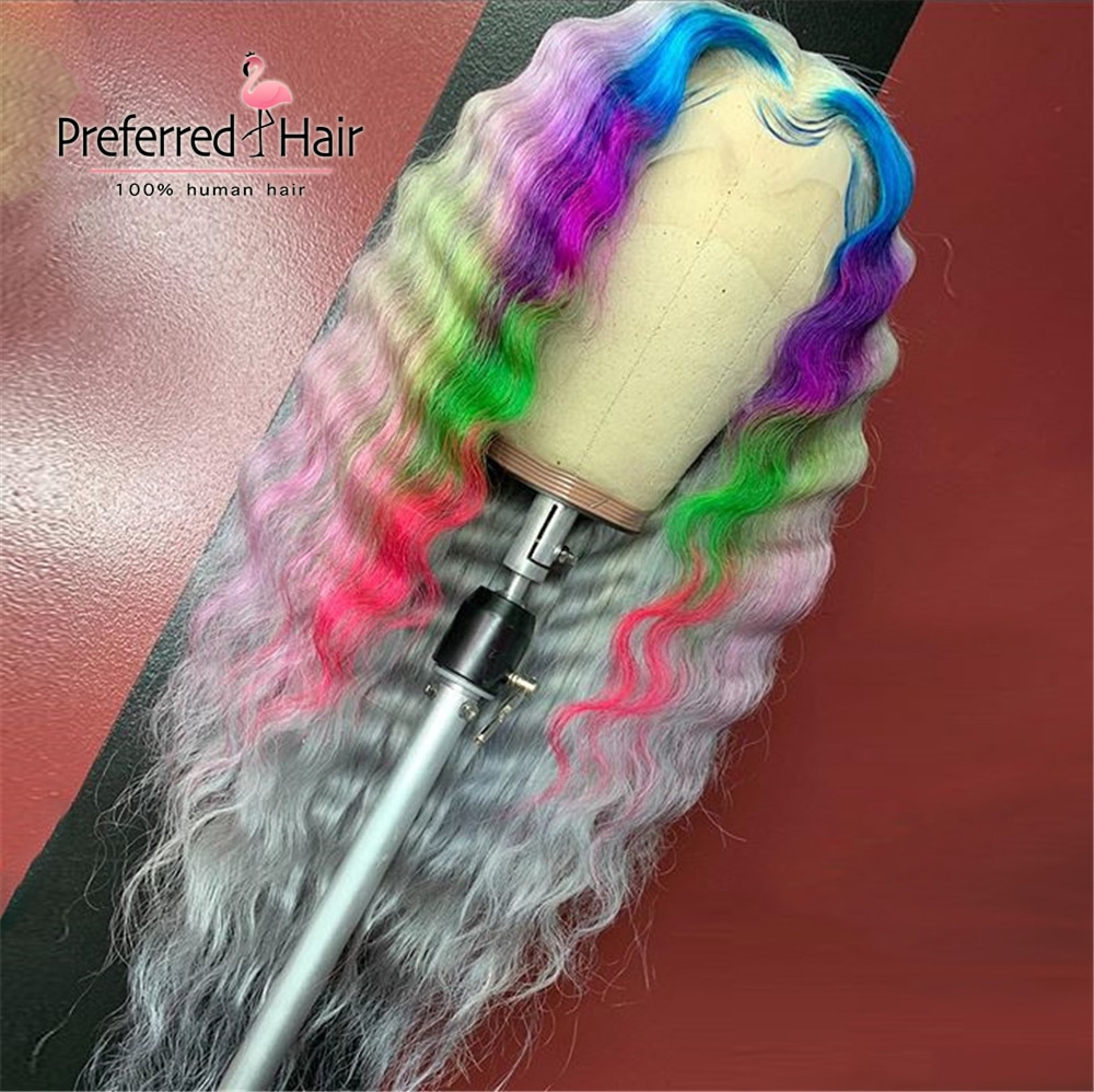 Preferred Rainbow Deep Wave Wig Brazilian Remy Ombre Human Hair Wig Highlight PrePlucked Lace Front Human Hair Wigs for Women