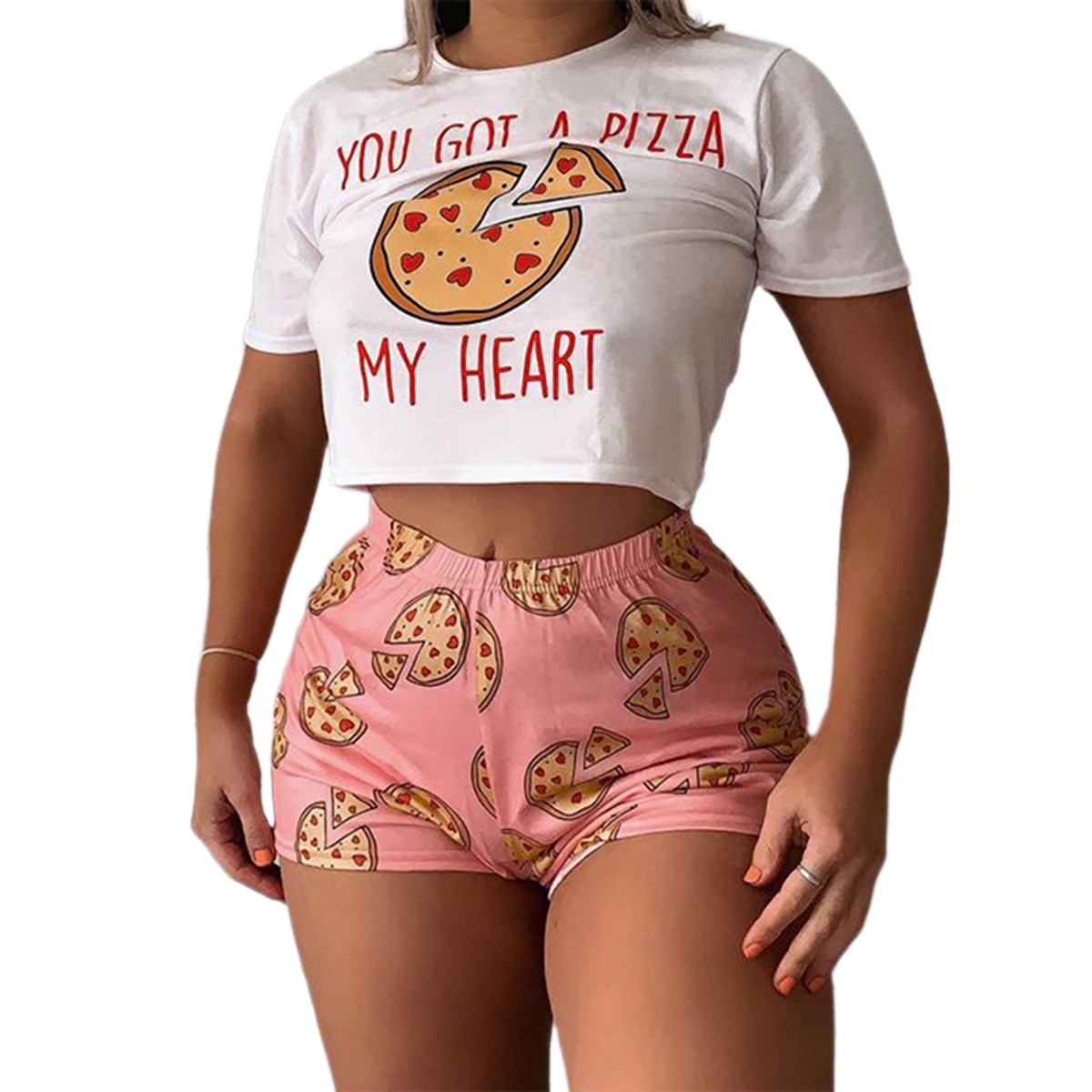 Women´s Short Sleeve T-shirt Shorts Suit Fashion Pizza Pattern Slim Fit Pullover Top and Elastic High-waist Short Pants