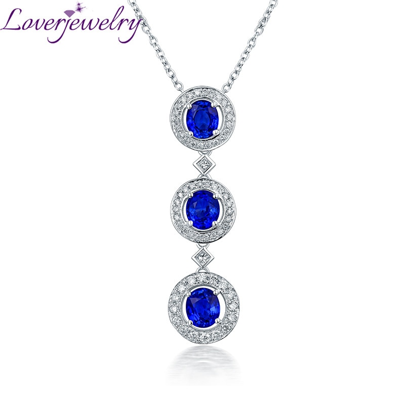 LOVERJEWELRY Women Pendant Real 14K White Gold Shinning Diamonds 3 Blue Sapphire Gemstones Pendant Neklace Wife Anniversary Gift