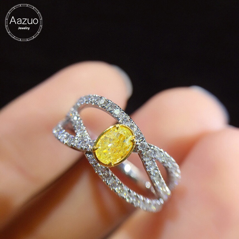 Aazuo Real Ellips Yellow Diamond White Diamond 18K Gold Line Ring Upscale Trendy Senior Party Senior Customize Fine Jewelry