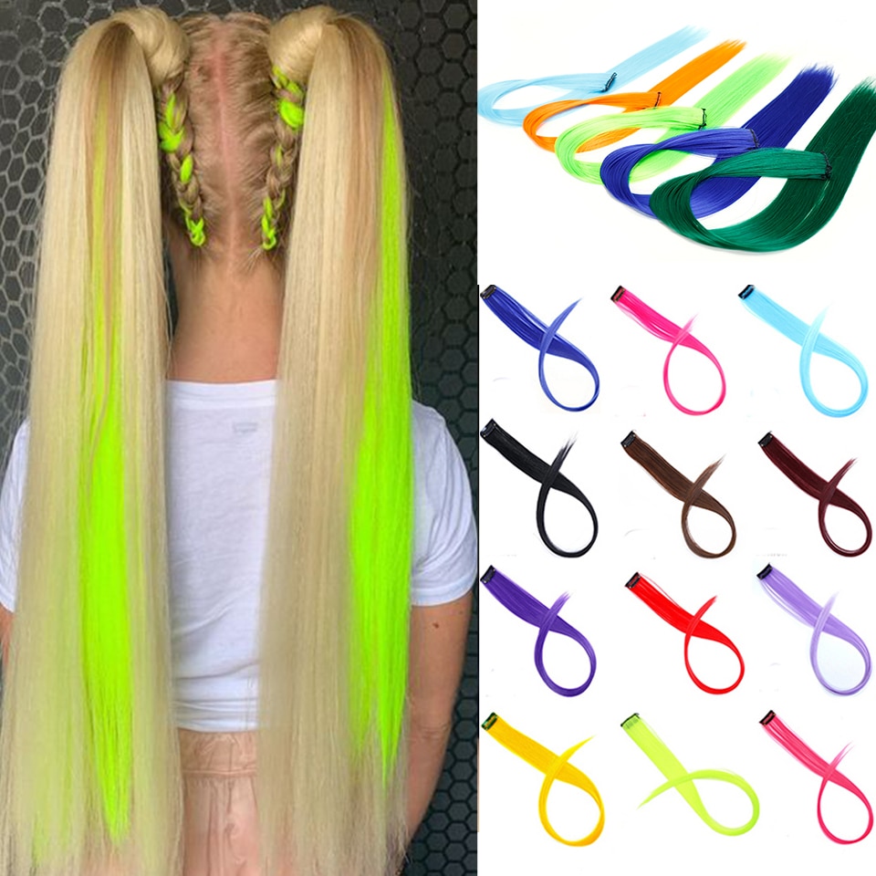 Lupu Long Straight Rainbow Highlight Colored Hair Extensions Clip In Fake Hair Synthetic Hair Pieces For Women Heat Resistant