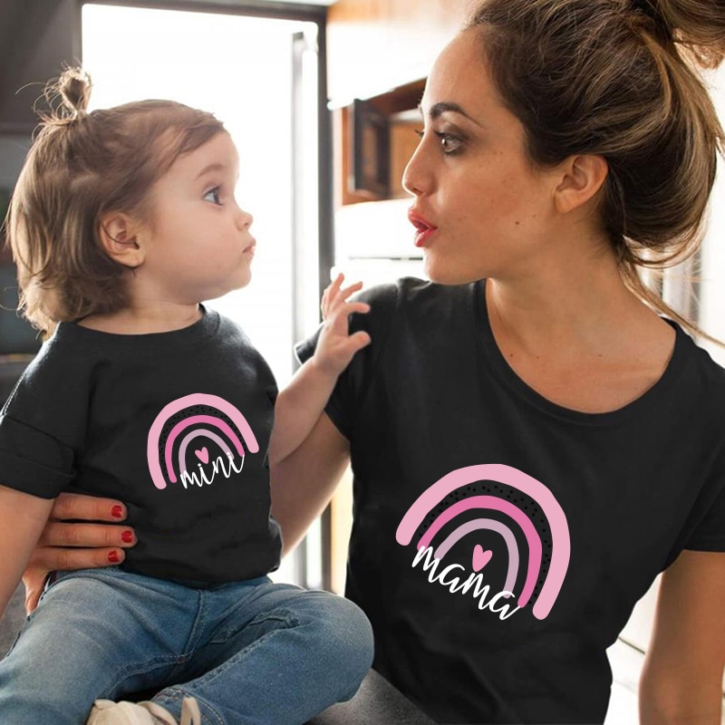 Family Rainbow Matching Clothes T-shirt Mother And Daughter Clothe Cute Letter print T-shirt kids baby girl boys casual T shirt