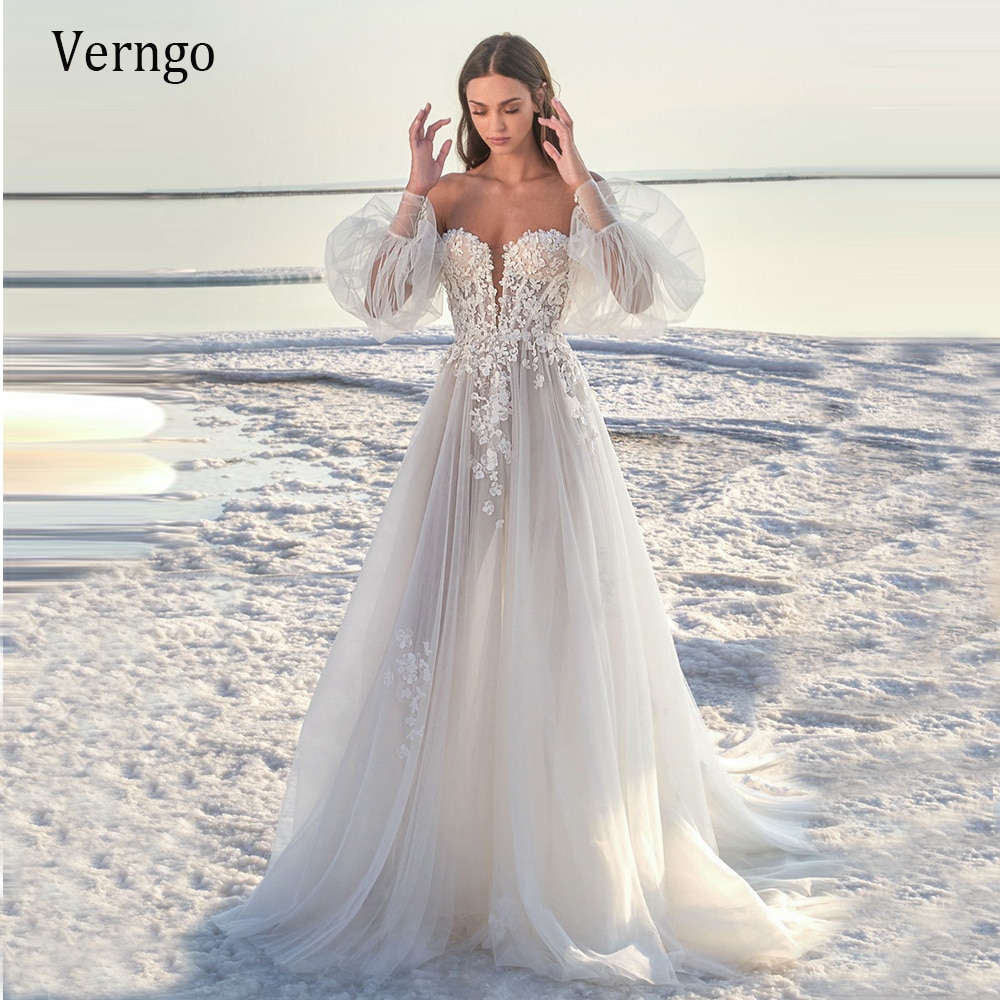 Verngo A Line Silk Tulle Wedding Dress Long Puff Sleeve Floral Applique 2020 Bride Dress Beach Off Shoulder Sexy Wedding Gowns