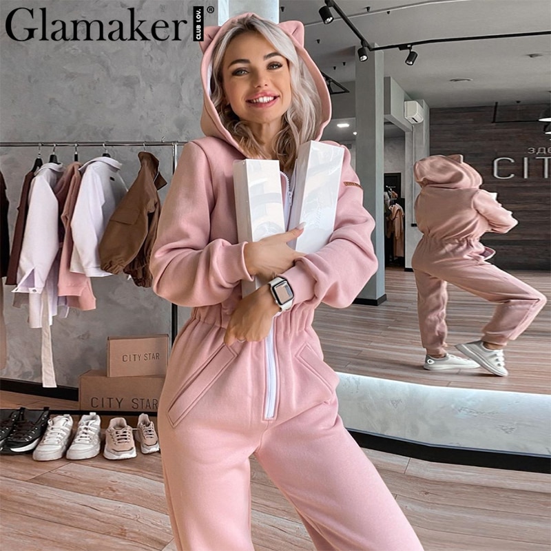 Glamaker Pink casual long sleeve long jumpsuits & rompers Women zipper fitness winter hood jumpsuit Autumn outfits 2020new