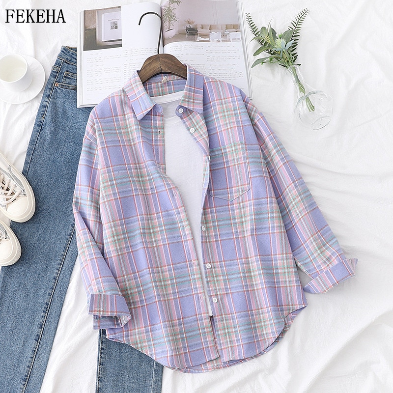 Autumn Plaid Shirts Womens Blouses And Tops Long Sleeve Loose Checked Female Clothes Outwear Winter