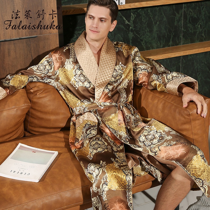 22 momme Thicken 100% genuine silk Long bathrobe men Noble Gown sets Golden Men elegance pure mulberry silk robes S5677