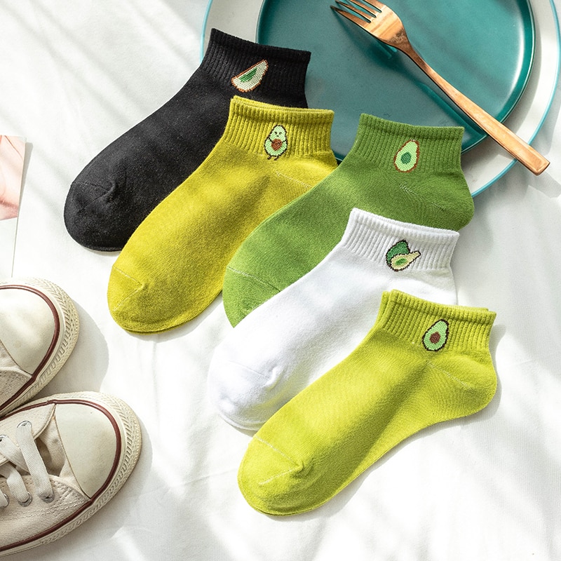 Women Solid Avocado Socks Casual Joker Cotton Short Socks Ladies Fruit Print Concise Korean College Style Breathable Sox Trendy