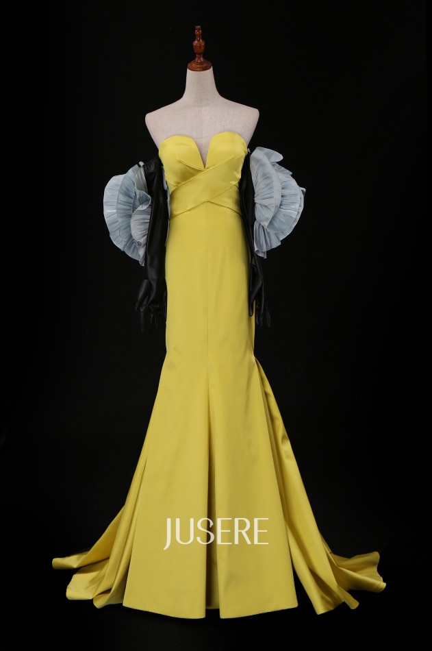 Strapless Long Mermaid Fitted Evening Dress Strapless Yellow Prom Dress with black gloves