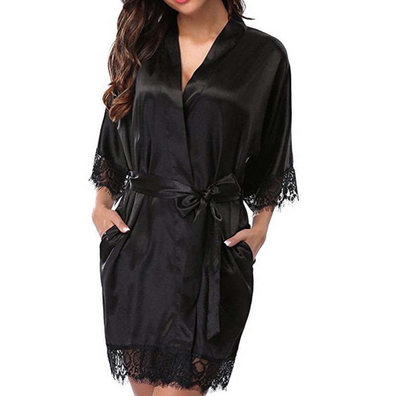 Women Short Satin Dress Nightgown Soft Belt Lingerie Bath Robe Bathrobe Pajama Nightdress Lady Sexy Lace Up Solid Sleepwear