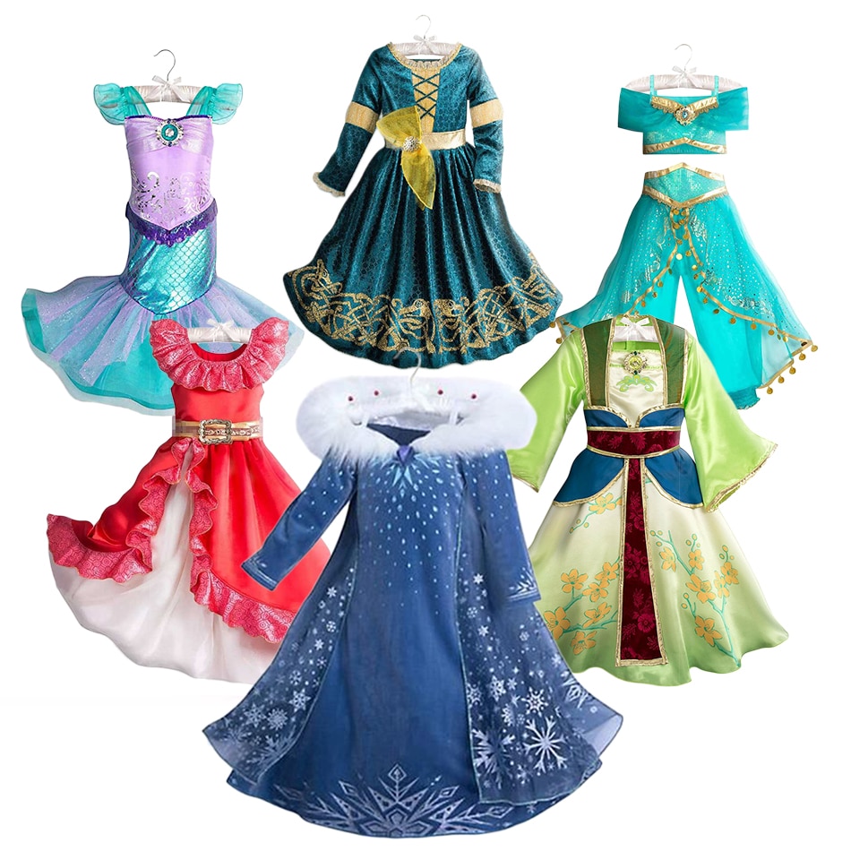 Girls Princess Cosplay Dresses Kids Elsa Anna Jasmine Elena Aurora Snow White Moana Mermaid Sofia HuaMulan Belle Party Costumes