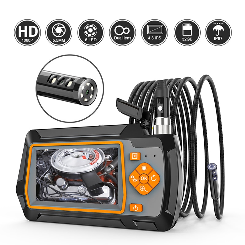 1080P 5.5mm Dual Lens Endoscope Camera with 4.3 "IPS LCD 2.0MP HD Inspection Camera with 6 LED 32GB TF for Car Sewer Inspection