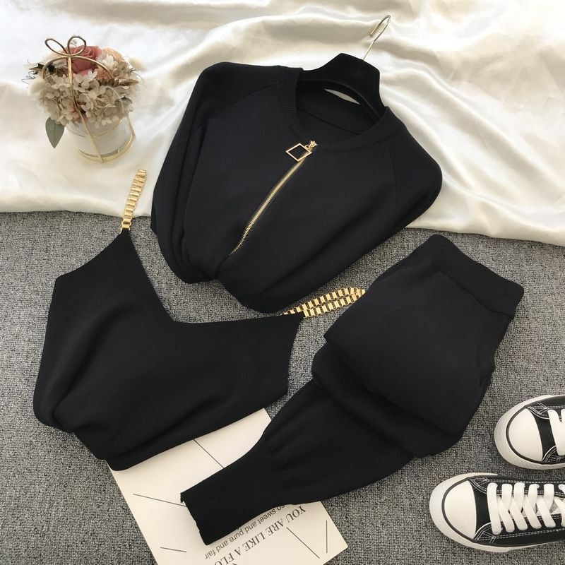 2021 autumn Knitted sweater suit casual new product temperament chain vest knitted jacket + elastic pants three-piece sets TZ423