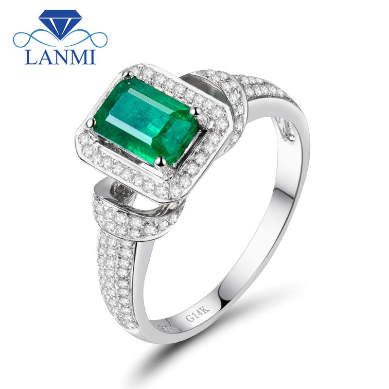 Promotion! Solid 14k White Gold 1.25ct Natural Columbian Emerald Wedding Ring Real Diamond Gemstone Engagement Jewelry