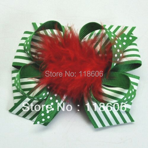 2013 Strip Printed Green Grosgrain Ribbon Red Marabou Christmas Holiday Boutique Ribbon Hair Accessory